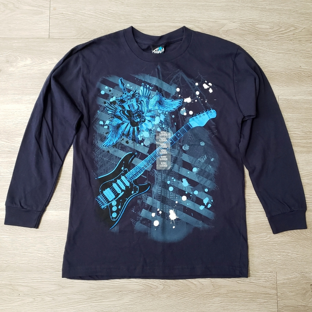 FINAL $ DROP Navy long sleeve Rock guitar novelty shirt Boys size Large